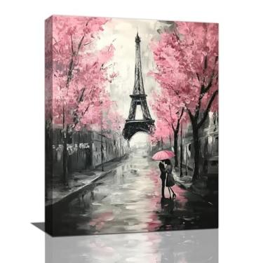 Imagem de Spaexor Arte de parede rosa de Paris, Torre Eiffel, fotos de flores de cerejeira, pintura em tela preta e branca de Paris, arte emoldurada para quarto de meninas, banheiro, sala de estar, quarto