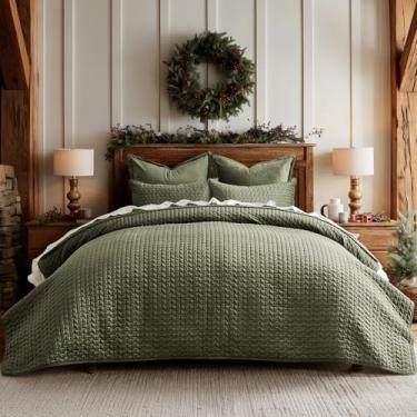 Imagem de EverGrace Conjunto de colcha de veludo de luxo, tamanho Queen, conjunto de edredom de veludo macio de ponto cruz com fronhas, colcha leve para todas as estações, verde musgo