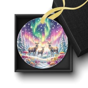 Imagem de Welshower Enfeites de rena de inverno de floresta encantada, decoração de Natal de rena, fantasia de cogumelo, veado, inverno, árvore de Natal, enfeites decorativos de cerâmica para pendurar