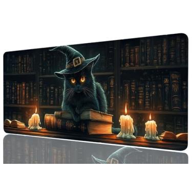 Imagem de Mouse pad grande gato preto biblioteca bruxa gótico escuro academia mousepad GG grande gaming mouse pad laptop teclado pad mesa escritório computador teclado laptop casa, 31,5 x 11,8 polegadas