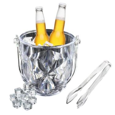 Imagem de WELKOR Balde de gelo de cristal com alça e pinça - Baldes de gelo de champanhe transparente de plástico de 1,1 L para festas, cerveja, vinho, bebidas, coquetéis, refrigerante, suprimentos de bar