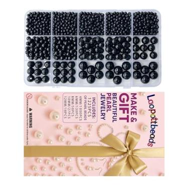 Imagem de Laopottbeads 1225 peças de pérolas pretas de 5 tamanhos para fabricação de joias, kit DIY de pérolas redondas para pulseiras, brincos, colares e tornozeleiras