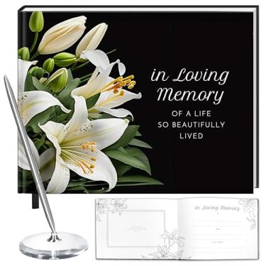Imagem de NAVA INTERNATIONAL Livro de visitas de funeral com lírios brancos, livro de inscrição memorial com caneta prata e base acrílica, livro de visitas de memorial elegante de capa dura, livro de visitas de