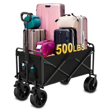 Imagem de Carrinho dobrável de 300 L com rodas, carrinhos de vagões dobráveis extra longos de 226 kg, carrinho dobrável com alça ajustável, com bolso lateral e freios para compras, acampamento, esportes ao ar