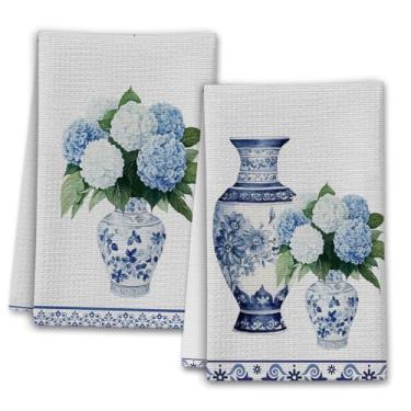Imagem de CWIOQPYI Toalhas de cozinha florais de porcelana de hortênsia azul e branca, conjunto de 2 toalhas de mão de porcelana chinoiserie, presentes vintage para decoração de férias de casa de banho - A08