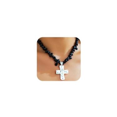 Imagem de DZSYJKTM Colar feminino com pingente de cruz grossa martelada turquesa prata martelada, boêmio, gótico, verde, vermelho, preto, irregular, One Size, Metal, Sem Pedra Preciosa