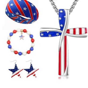 Imagem de Conjunto de joias patrióticas com colar de cruz da bandeira americana, pulseira, brincos e acessório de cabelo, vermelho, branco, azul, Adjustable, Metal, Sem Pedra Preciosa