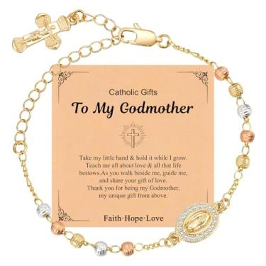 Imagem de Pulseira feminina com contas de rosário de ouro - Pulseiras de cruz de Virgem Maria Jesus banhadas a ouro 14K, joia de elo com pingente de crucifixo católico, presente religioso delicado da Virgem de