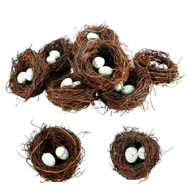 Imagem de NEUROVYRAL Conjunto de 30 ninhos de pássaros falsos com ovos para artesanato, mini ninho de pássaros de vime artificial de vime falso para arte de Páscoa, casamento, musgo, decoração de paisagem