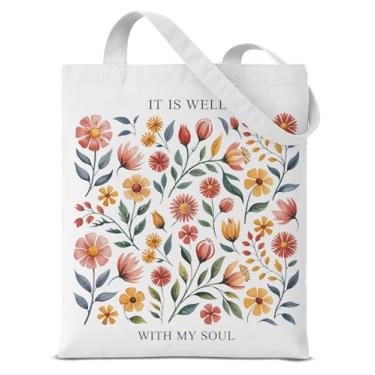 Imagem de QYCFDXD Sacolas de lona Christian It is Well with My Soul para mulheres, meninas, versículo bíblico, flor, reutilizável, mercearia, bolsa de ombro para trabalho, viagem, praia
