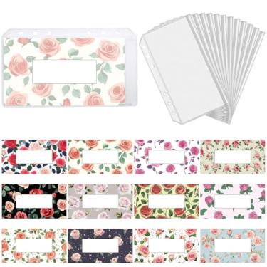 Imagem de CRASPIRE 12 peças A6 Inserções de fichário orçamentário envelopes de dinheiro com tema de flores rosas 6 furos bolsos de fichário transparente à prova d'água PVC caixa orçamento orçamento manga para