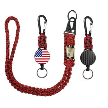 Imagem de Chaveiro retrátil resistente – Cordão de paracord trançado com bandeira dos EUA, carretel de clipe de crachá de identificação, chaveiros de colar para viagens e trabalho, Vermelho e preto., Normal