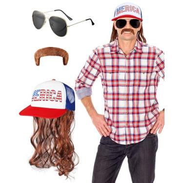 Imagem de Mepase 7 peças de roupa masculina de festa de trailer cafona com peruca marrom, adereços de cachimbo vintage, adesivos de bigode, óculos de sol para fantasia de Halloween Merica