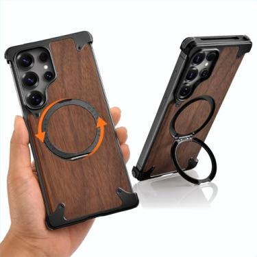 Imagem de XAOVUIR Capa Wood S25 Ultra com suporte, fina sem moldura para Samsung Galaxy S25 Ultra para Magsafe, capa protetora magnética para celular Samsung S25 Ultra para homens e mulheres de 16,86 cm, preto