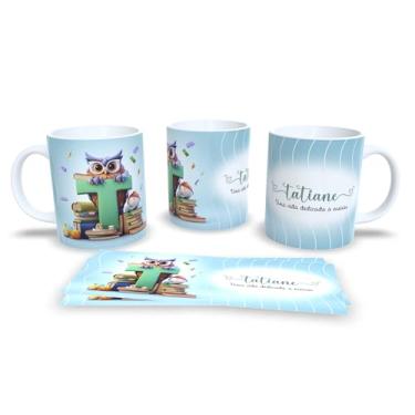 Imagem de Caneca Personalizada com Coruja e Letra A, Porcelana, Design Educacional, Uma Vida Dedicada a Ensinar, Listras Pastéis (t)