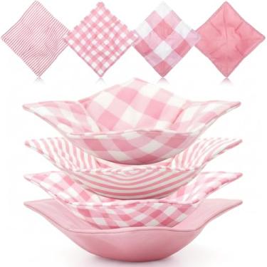 Imagem de CHENGU 4 peças de tigela de microondas de algodão xadrez rosa, suportes aconchegantes para comida quente, tigela de sopa, suporte de panela resistente ao calor, multiuso, acolchoado e seguro para