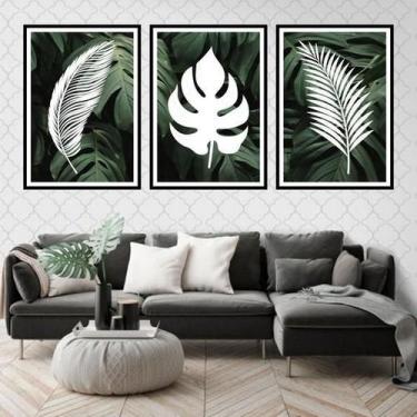 Imagem de Kit 3 Quadros Folhas Tropicais Branco 45X34Cm Moldura Preta - Quadros 