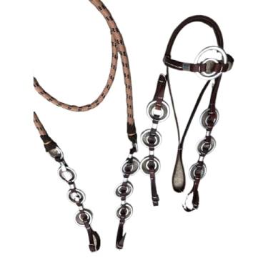 Imagem de Cabeçada Argolas Duplas Rédea Grossa Couro Legitimo Cavalo Muladeiro Muares (MARROM)
