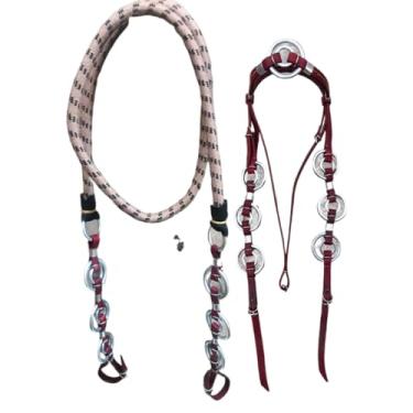 Imagem de Cabeçada Argolas Duplas Rédea Grossa Couro Legitimo Cavalo Muladeiro Muares (VERMELHO)