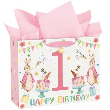 Imagem de WRAPAHOLIC Sacos de presente para chá de bebê de 33 cm com papel de seda - Sacos de papel de coelho em aquarela rosa para festa de aniversário de um ano de idade, chá de bebê
