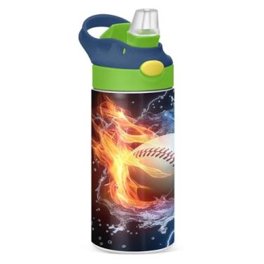 Imagem de Blueangle Garrafa de água de fogo de beisebol de aço inoxidável isolada de 355 ml com tampa de canudo - Garrafa esportiva reutilizável à prova de vazamento para viagens, ao ar livre (226)