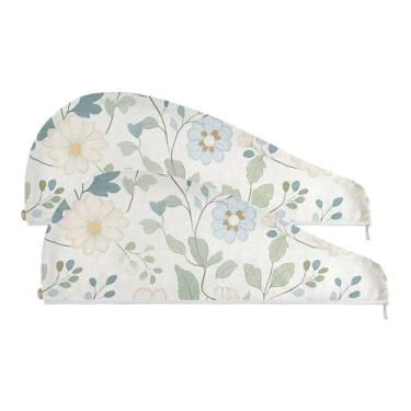 Imagem de SEHANY Toalha de cabelo de microfibra de flores coloridas elegantes para mulheres, 2 peças, turbantes de cabelo de secagem rápida com botão, touca de cabelo seco absorvente toalha de secagem de cabelo