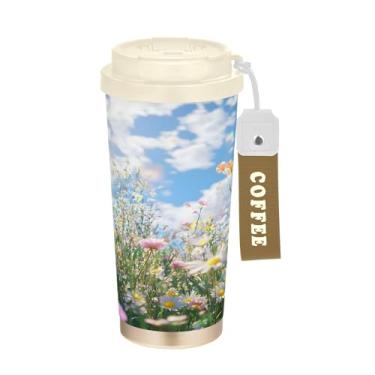 Imagem de SEHANY Caneca de viagem colorida de ervas silvestres de 500 ml Copos de café reutilizáveis revestidos de cerâmica com tampa à prova de vazamento, parede dupla, isolamento a vácuo, copo de café de aço