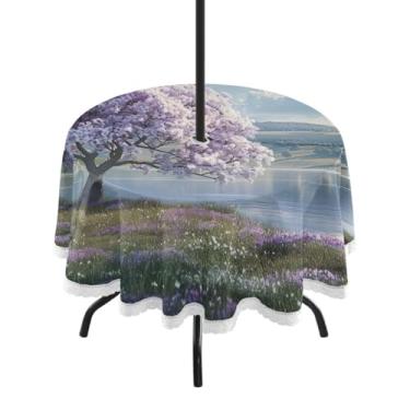 Imagem de ATTX Linda toalha de mesa redonda com árvore roxa – 152 cm, impermeável, à prova de derramamento, uso interno/externo, com orifício para guarda-chuva com zíper para acampamento, piquenique, praia