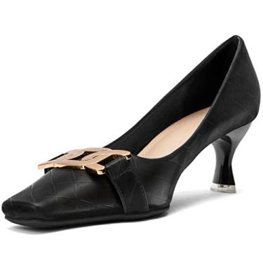 Imagem de Zelaprox Sapato feminino com bico quadrado fechado, salto baixo gatinho, moderno, de metal, sem fecho, para festa de casamento, confortável, sapato social, Preto/xadrez, 41