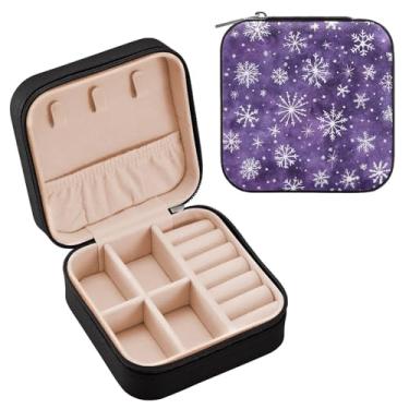 Imagem de Wassud Estojo de joias de viagem em aquarela de flocos de neve para mulheres, meninas, senhoras, noiva, mini organizador de joias de couro PU, caixa quadrada de armazenamento de joias para brincos