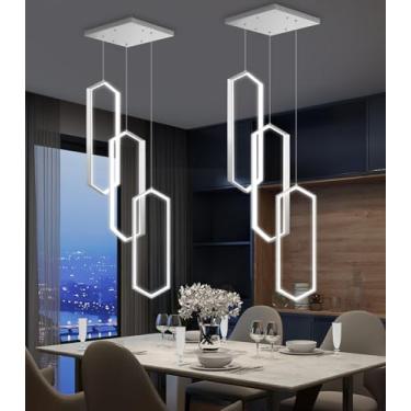 Imagem de Lustre moderno de 3 anéis com LED, dimerizável, luminária pendente ajustável para sala de jantar, hall de entrada, sala de estar e escadas, cor prata.