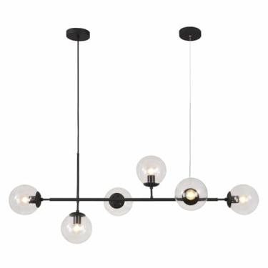 Imagem de Luminária pendente retangular estilo Sputnik, com 6 lâmpadas e globo de vidro transparente, design moderno de meados do século XX, ideal para ilha de cozinha ou sala de jantar (preto e trans