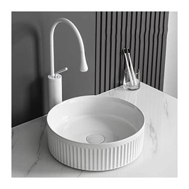 Imagem de YYBOES Pia de banheiro de 35,5 cm branca redonda pia de vaso de banheiro moderna acima do balcão pia de banheiro pia de porcelana cerâmica pia de arte com torneira pia de vaso para pia de vaso de