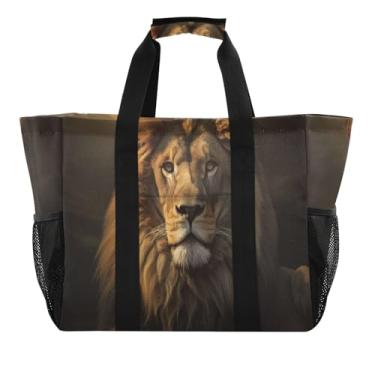 Imagem de Wassud Bolsa de compras reutilizável leão grande bolsa organizadora de lona impermeável para praia, piquenique, lavanderia, viagem