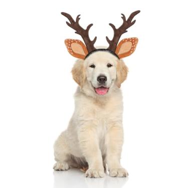 Imagem de BWOGUE Faixa de cabeça de chifre de rena para cães festivos, acessório de fantasia festiva de Natal para cães de estimação, roupa fofa para animais de estimação, perfeita para festas de Natal