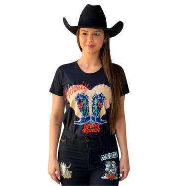 Imagem de Camiseta Preta Feminina Estampada Howdy Strass Moda Country Baby Look 