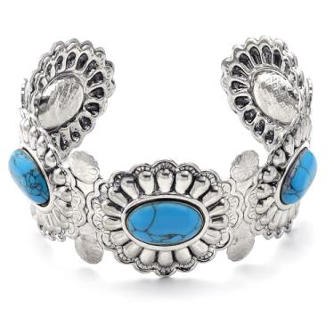 Imagem de RechicGu Pulseira feminina de cor turquesa ocidental ajustável, boho, vaqueira, chique, vintage, concho, bracelete, azul grosso, turquesa, howlita, algemas de concerto, roupa de concerto, presente