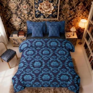 Imagem de Erosebridal Jogo de cama king size damasco preto e azul | Conjunto de edredom e lençol barroco boêmio de luxo com 7 peças, decoração antiga, gótico, vintage, floral, boêmio