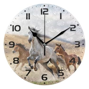 Imagem de JUZIHAI Relógio de parede de cavalo selvagem, silencioso, sem tique-taque, redondo, operado por bateria, fácil de ler, relógio decorativo de parede para casa, cozinha, sala de estar, quarto