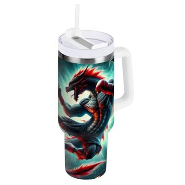 Imagem de ODAWA Copo grande à prova de vazamento, copo de aço inoxidável isolado Dragon Fight com alça e canudo