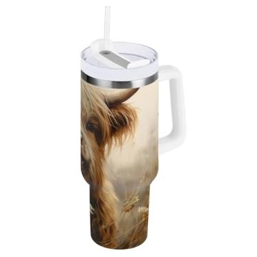 Imagem de Copos isolados rústicos de vaca Highland grande com tampa e canudo, copos de isolamento duplo com tampa 2 em 1