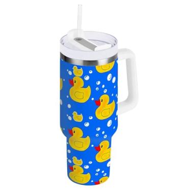 Imagem de Caneca com isolamento azul de 850 g Cute Ducks com canudo e alça, copos com isolamento duplo