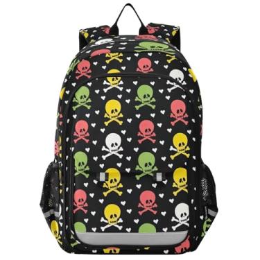 Imagem de ODAWA Colorful Skulls Black Kids Backpack 17 Inch, Kids Backpack Elementary School with Chest Strap