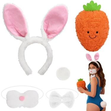 Imagem de Shupakul 1 conjunto de fantasia de cenoura de coelhinho da Páscoa, faixa de cabeça de orelhas de coelho com cauda de nariz de cenoura e gravata borboleta, acessórios de coelhinhos da Páscoa brancos