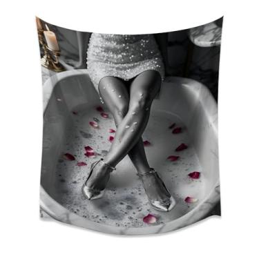 Imagem de Tapeçaria artística de cena de vestido preto e branco com salto de banheira elegante estilo retrô para quarto, banheiro, sala de estar, estúdio, dormitório, parede, acento, 177,8 x 228,6 cm