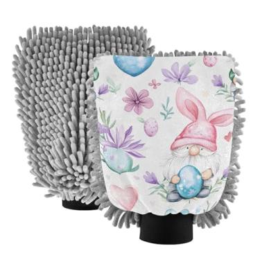 Imagem de ODAWA Luvas de microfibra para lavagem de carro com ovos de gnomos de Páscoa, pacote com 2, luva de lavagem absorvente para SUVs e trailers 20,5 x 30 cm