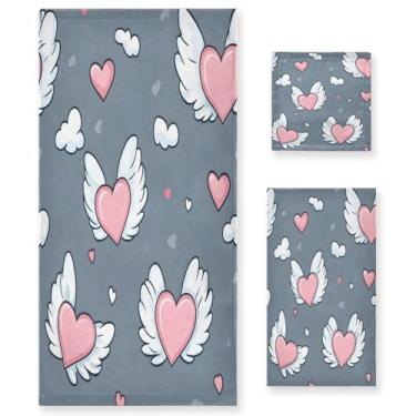 Imagem de Wassud Conjunto de 3 toalhas de banho Flying Cartoon Hearts Valentines Toalhas super macias e absorventes para banheiro, toalhas de banho de secagem rápida, toalha de banho para academia, spa, hotel