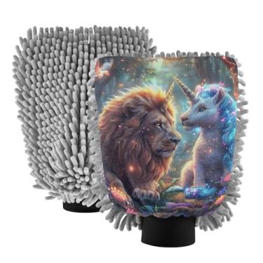 Imagem de ODAWA Luva reutilizável para lavagem de carro de microfibra leão e unicórnio, tamanho grande 20 x 29 cm