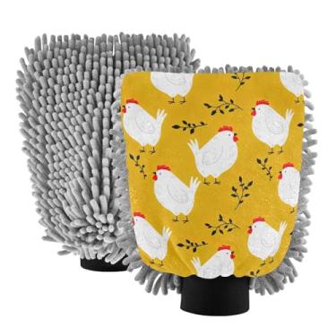 Imagem de ODAWA Luva de limpeza de carro amarela de galinhas de desenho animado, 2PK luva de detalhe automático sem fiapos para caminhões, tamanho grande 20 x 29 cm