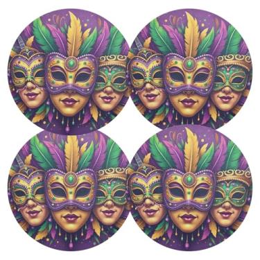 Imagem de Jogo americano de PVC com máscaras de carnaval, roxo, 38 cm, conjunto de 4, tapetes antiderrapantes para mesa de jantar